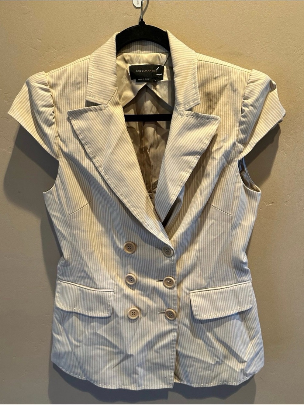 BCBGMaxAzria Cream Pinstripe Double-Breasted Cap-Sleeve Blazer